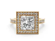 Princess Cut Vintage Milgrain Halo Engagement Ring Setting | Bezel Head | Yellow Gold