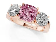 Cushion Cut Three Stone Engagement Ring Setting for a Fancy Pink Lab-Grown Diamond | Wide Plain Band | Rose Gold