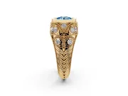 Fancy Blue Round Cut Diamond Bezel Ring Set in Yellow gold with Milgrain Accent Band