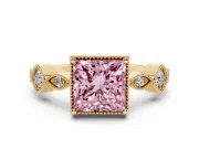 Fancy Pink Princess Cut Diamond Vintage-Inspired Milgrain Ring Set in Yellow gold with Marquise Stations of Round Accents