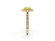 Fancy Yellow Cushion Cut Diamond Halo Milgrain Pavé Ring Set in Yellow gold with Prong Setting