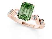 Fancy Green Emerald Cut Diamond Solitaire Ring Set in Rose gold with Ribbon Twist Band, Round Accents and Prong Setting