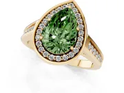 Fancy Green Pear Cut Diamond Halo Solitaire Ring Set in Yellow gold with Pavé Band and Bezel Setting