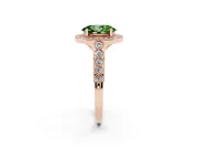 Fancy Green Oval Cut Diamond Milgrain Halo Solitaire Ring Set in Rose gold with Bezel Set Side Stones and Pavé Band