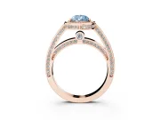 Fancy Blue Pear Cut Diamond Halo Pavé Split Shank Ring Set in Rose gold with Prong Setting