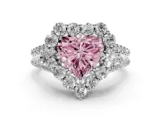 Fancy Pink Heart Cut Diamond Halo Split Shank Engagement Ring Set in Platinum with Prong-Held Center Stone