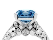 Fancy Blue Asscher Cut Diamond Filigree Halo Engagement Ring Set in Platinum with Prong Setting