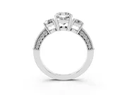 Cushion Cut Diamond Three-Stone Ring Set in Platinum with Round Side Stones and Pavé Band