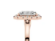 Emerald Cut Halo Round Diamond Solitaire Ring Set in Rose gold with Pavé Band and Prong Setting