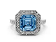 Fancy Blue Asscher Cut Diamond Halo Ring Set in Silver with Pavé Band and Milgrain-Edged Prongs