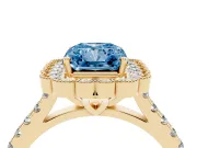 Fancy Blue Radiant Cut Diamond Milgrain Floral Halo Engagement Ring Set in Yellow gold with Pavé Band