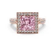 Princess Cut Milgrain Halo Engagement Ring Setting for a Fancy Pink Lab-Grown Diamond | Side Stones | Rose Gold