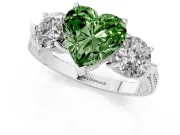 Fancy Green Heart Cut Diamond Three-Stone Ring Set in Platinum with Milgrain Band