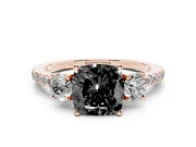 Cushion Cut Three Stone Engagement Ring Setting for a Black Center | Pavé Shoulders | Rose Gold