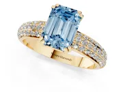 Emerald Cut Three Row Pave Engagement Ring Setting for a Fancy Blue Lab-Grown Diamond | Yellow Gold