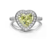 Canary Yellow Heart-Shaped Lab-Grown Diamond Milgrain Halo Solitaire Ring Set in White Gold with Bezel Set Side Stones and Pavé Band
