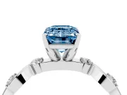 Fancy Blue Emerald Cut Diamond Solitaire Ring Set in White gold with Ribbon Twist Band, Round Accents and Prong Setting