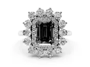 Emerald Cut Floral Double Halo Engagement Ring Setting for a Black Center | Plain Band | White Gold