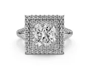 Princess Cut Double Halo Split Shank Engagement Ring Setting | Pavé Shoulders | Sterling Silver