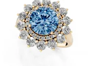 Round Floral Double Halo Engagement Ring Setting for a Fancy Blue Lab-Grown Diamond | Plain Band | Yellow Gold