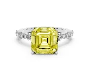 Fancy Yellow Asscher Cut Diamond Prong Set Engagement Ring Set in White gold with Round Accent Pavé Band