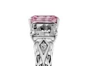 Fancy Pink Emerald Cut Diamond Three-Stone Ring Set in Platinum with Braided Band
