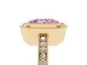 Fancy Pink Radiant Cut Diamond Halo Engagement Ring Set in Yellow gold with Pavé Band and Round Halo Stones