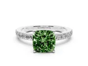 Fancy Green Cushion Cut Diamond Solitaire Set in Silver with Round Pavé Band and Prong Setting
