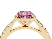 Fancy Pink Cushion Cut Diamond Halo Engagement Ring Set in Yellow gold with Pavé Band and Prong Setting