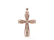 Round Lab-Grown Diamond Bezel Milgrain Cross Pendant Necklace | Scrolled Outline | Rose Gold