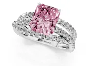 Fancy Pink Radiant Cut Diamond Solitaire Twist Band Ring Set in White gold with Pavé Setting and Prong Head