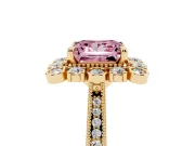 Fancy Pink Princess Cut Diamond Halo Milgrain Pavé Ring Set in Yellow gold with Prong Setting