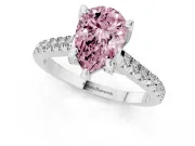 Fancy Pink Pear Cut Diamond Solitaire Ring Set in Silver with Brilliant Pavé Band and Prong Setting