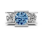 Fancy Blue Round Cut Diamond Three-Stone Channel Set Ring Set in Silver with Smooth Polished Band