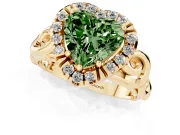 Fancy Green Heart Cut Diamond Halo Ring Set in Yellow gold with Scrollwork Band and Prong Setting