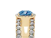 Fancy Blue Cushion Cut Diamond Halo Ring Set in Yellow gold with Pavé Split Shank and Prong Setting