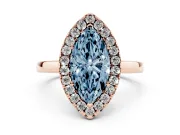 Fancy Blue Marquise Cut Diamond Halo Solitaire Ring Set in Rose gold with Pavé Band and Prong Setting