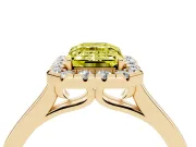 Fancy Yellow Emerald Cut Halo Round Diamond Solitaire Ring Set in Yellow gold with Pavé Band and Prong Setting