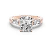 Radiant Cut Diamond Solitaire Ring Set in Rose gold with Tapered Baguette Side Stones and Prong Setting