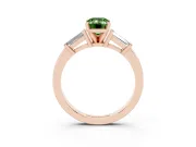 Fancy Green Emerald Cut Diamond Solitaire Ring Set in Rose gold with Tapered Baguette Accents and Prong Setting