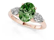 Fancy Green Three-Stone Oval Cut Diamond Ring Set in Rose gold with Pear Side Stones and Prong Setting