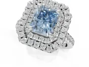 Fancy Blue Radiant Cut Lab-Grown Diamond Double Halo Statement Ring Set in Platinum with Pavé Band