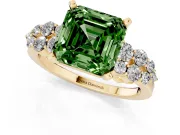 Fancy Green Asscher Cut Diamond Cluster Engagement Ring Set in Yellow gold with Pavé Band and Prong Setting