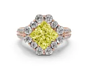 Fancy Yellow Princess Cut Diamond Halo Engagement Ring Set in Rose gold with Split Shank and Prong Setting