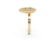 Fancy Green Pear Cut Diamond Halo Ring Set in Yellow gold with Milgrain Edge and Round Prong Setting