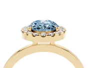 Fancy Blue Oval Cut Diamond Halo Solitaire Ring Set in Yellow gold with Pavé Band and Prong Setting