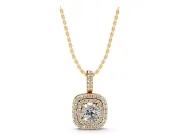 Round Lab-Grown Diamond Cushion Double Halo Pendant Necklace | Pavé Bail | Yellow Gold
