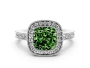 Fancy Green Cushion Cut Diamond Halo Ring Set in White gold with Pavé Band and Milgrain-Edged Prongs