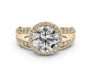 Round Halo Engagement Ring Setting | Two-Row Pave Split Shank | Yellow Gold