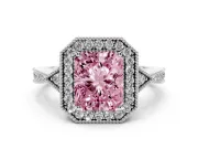 Fancy Pink Radiant Cut Diamond Halo Engagement Ring Set in White gold with Milgrain Pavé Band